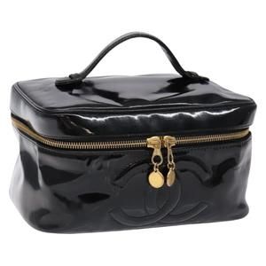 CHANEL Vanity Cosmetic Pouch Patent leather Black Gold CC Auth 134646